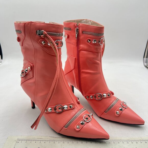 XYD Pink Ultra Fashion Pointed Toe Kitten Low Heels Zipped Rivets Ankle Boots - Picture 4 of 9